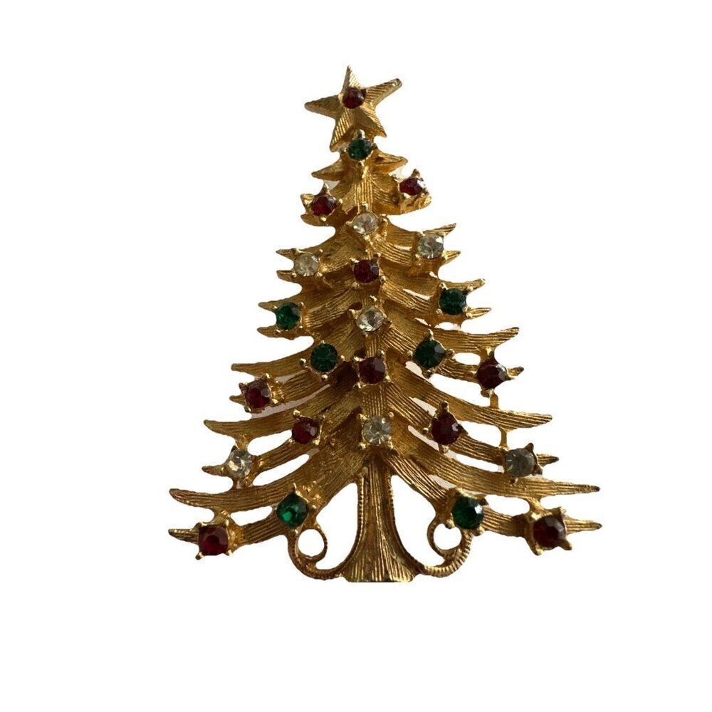 Vintage Mylu Gold Tone Rhinestone Christmas Tree Brooch Pin